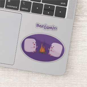 Cute pink marshmallows by camp fire cartoon sticker