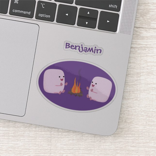 Cute pink marshmallows by camp fire cartoon sticker (Detail)