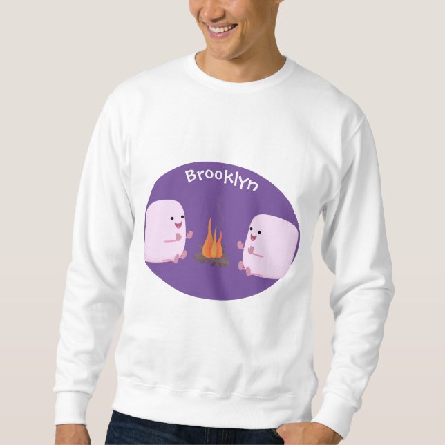 Cute pink marshmallows by camp fire cartoon sweatshirt (Front)