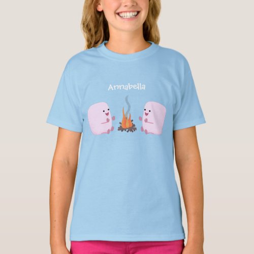 Cute pink marshmallows by camp fire cartoon T_Shirt