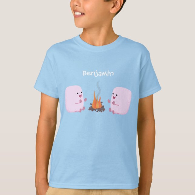 Cute pink marshmallows by camp fire cartoon T-Shirt (Front)