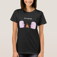 Cute pink marshmallows by camp fire cartoon