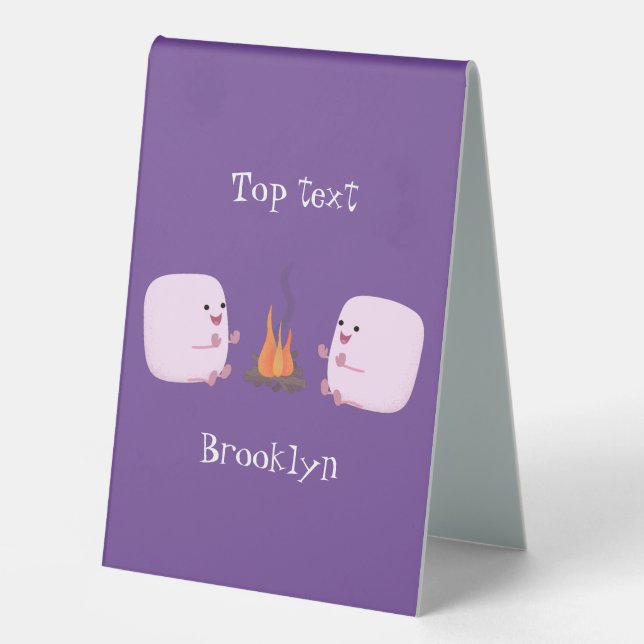 Cute pink marshmallows by camp fire cartoon table tent (Front)