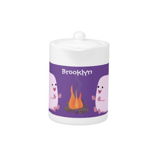 Cute pink marshmallows by camp fire cartoon teapot