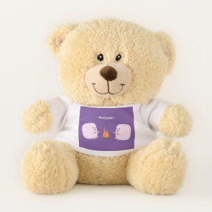 Cute pink marshmallows by camp fire cartoon teddy bear