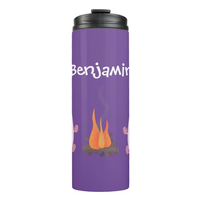 Cute pink marshmallows by camp fire cartoon thermal tumbler (Front)