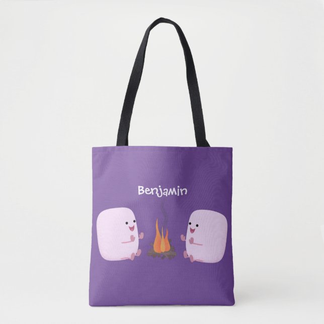 Cute pink marshmallows by camp fire cartoon tote bag (Front)