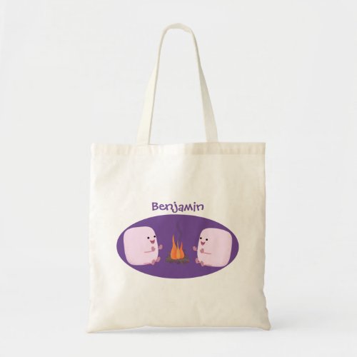 Cute pink marshmallows by camp fire cartoon tote bag