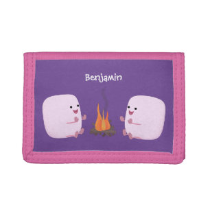 Cute pink marshmallows by camp fire cartoon tri-fold wallet