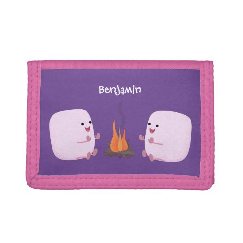Cute pink marshmallows by camp fire cartoon trifold wallet