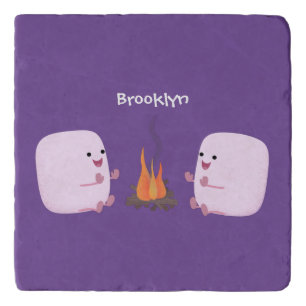 Cute pink marshmallows by camp fire cartoon trivet