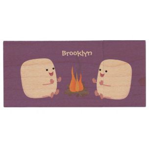 Cute pink marshmallows by camp fire cartoon wood flash drive