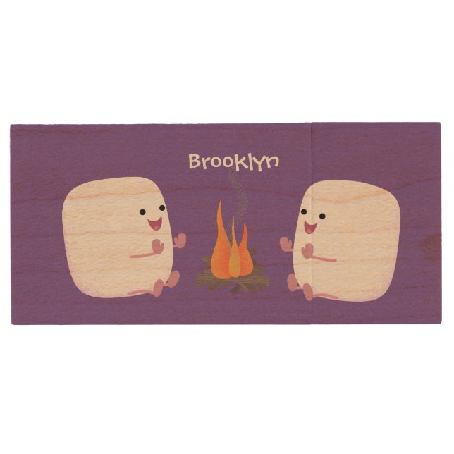 Cute pink marshmallows by camp fire cartoon wood flash drive (Front)