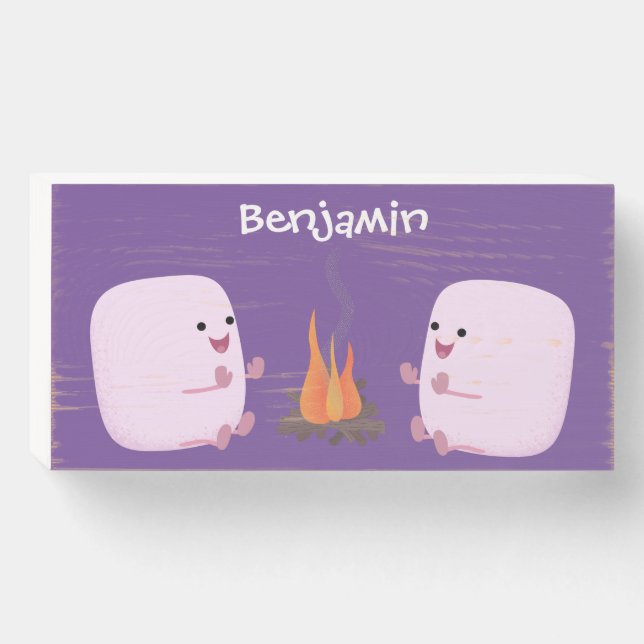 Cute pink marshmallows by camp fire cartoon wooden box sign (Front Horizontal)