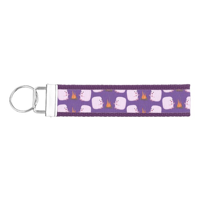 Cute pink marshmallows by camp fire cartoon wrist keychain (Keys on Left)