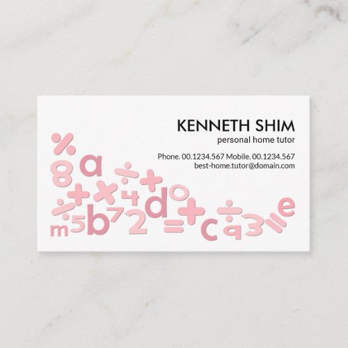 Cute Pink Math Symbols Alphabets Home Tutor Business Card