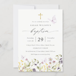 Cute Pink Meadow Floral Butterfly Baptism Invite