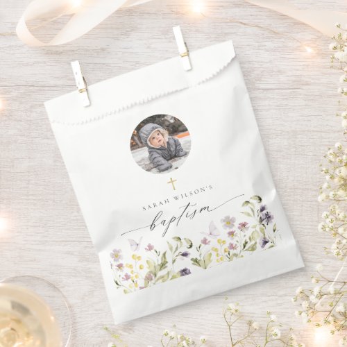 Cute Pink Meadow Floral Butterfly Photo Baptism Favor Bag