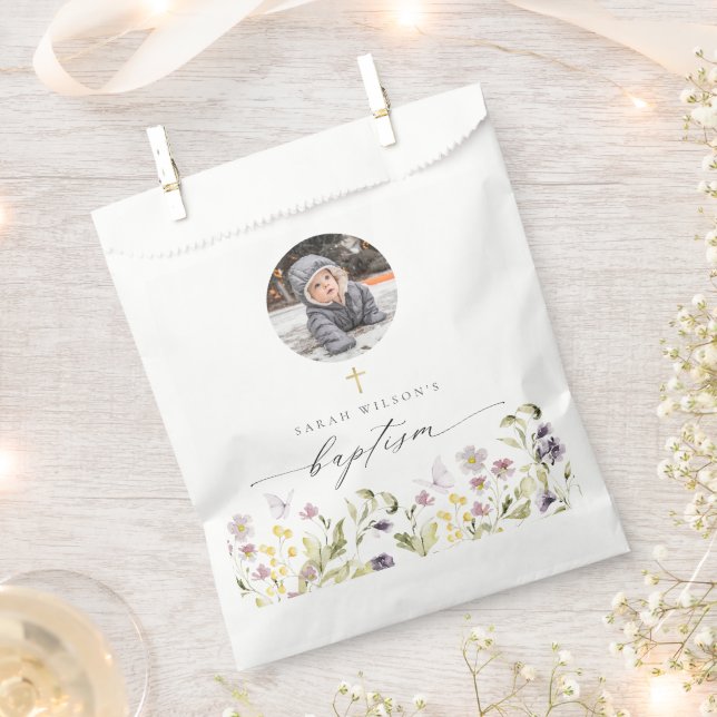 Cute Pink Meadow Floral Butterfly Photo Baptism Favor Bag (Clipped)