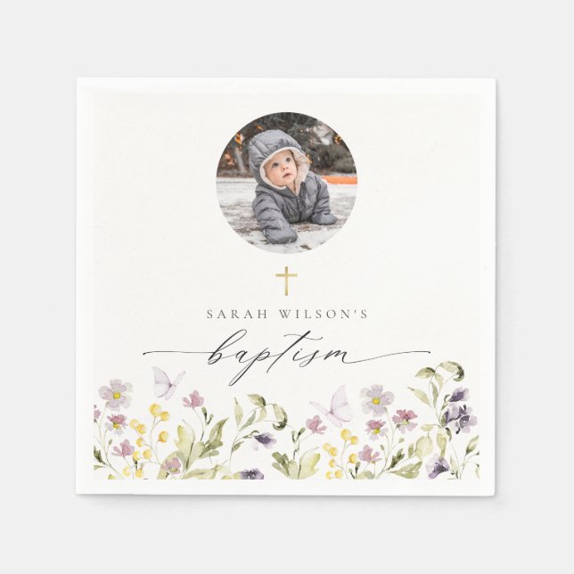 Cute Pink Meadow Floral Butterfly Photo Baptism Napkins (Front)