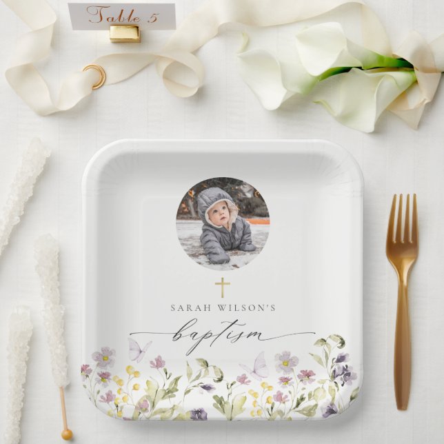 Cute Pink Meadow Floral Butterfly Photo Baptism Paper Plates (Wedding)