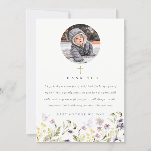 Cute Pink Meadow Floral Butterfly Photo Baptism Thank You Card