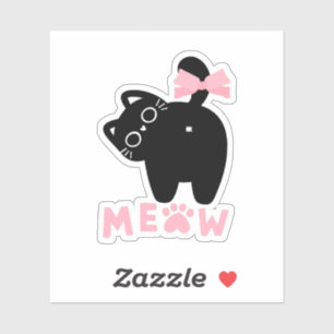 Cute Pink “Meow” Cat Kawaii Black Kitty Girly Sticker