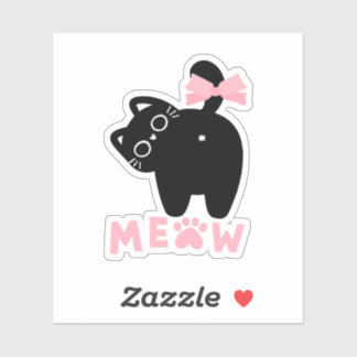 Cute Pink “Meow” Cat Kawaii Black Kitty Girly Sticker
