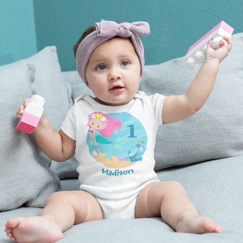 Cute Pink Mermaid 1st Birthday Girl Baby Bodysuit