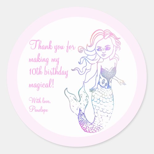 Cute Pink Mermaid Birthday Party Thank You Favor Classic Round Sticker