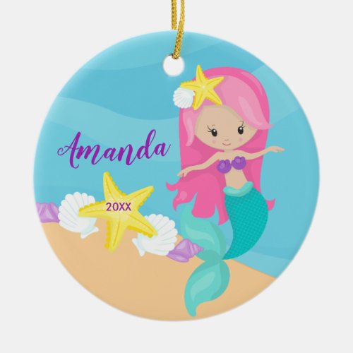 Cute Pink Mermaid Christmas Ornament