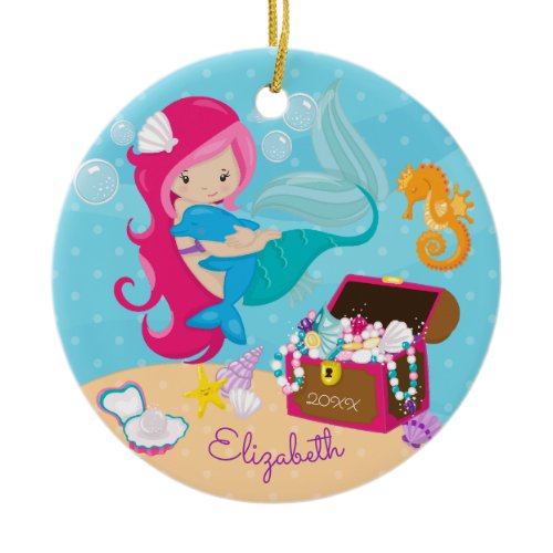 Cute Pink Mermaid &amp; Dolphin Christmas Ornament