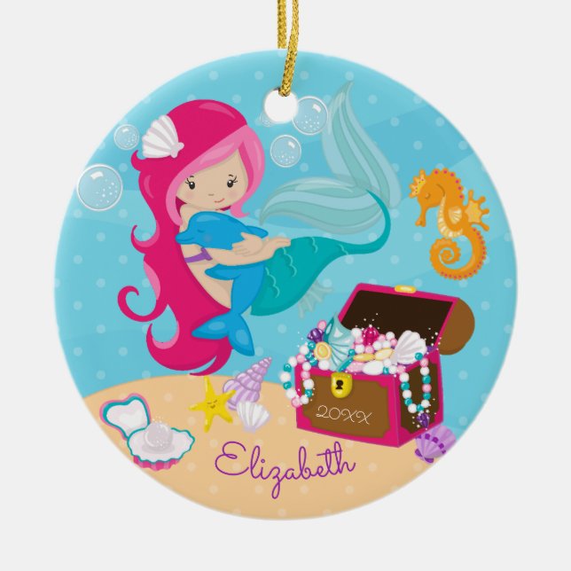 Cute Pink Mermaid & Dolphin Christmas Ornament (Front)