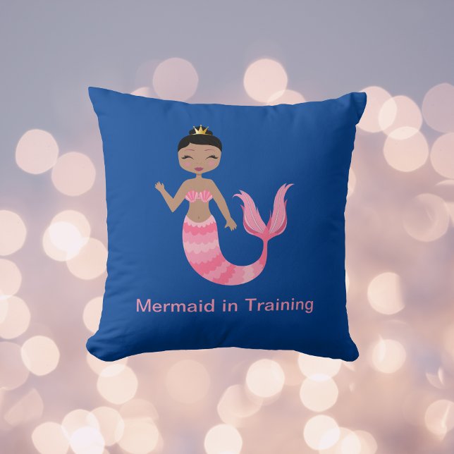 Cute Pink Mermaid in Training on Blue Throw Pillow (Creator Uploaded)