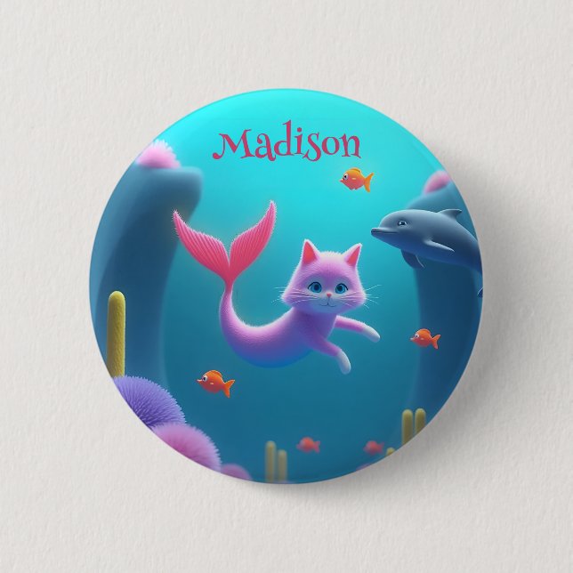 Cute Pink Mermaid Kitten Button (Front)