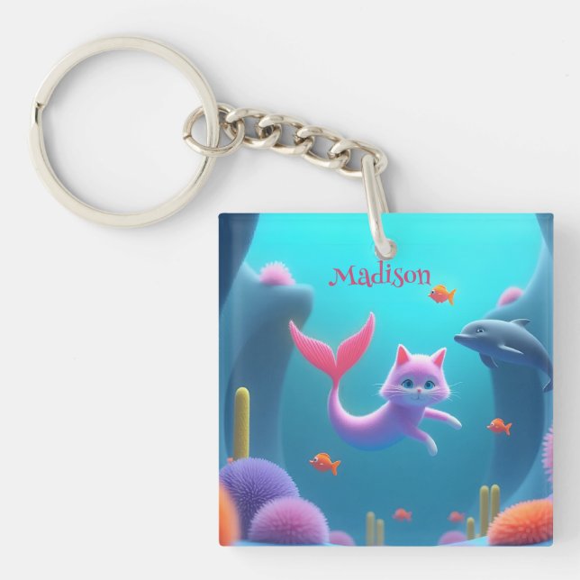 Cute Pink Mermaid Kitten Keychain (Front)