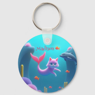 Cute Pink Mermaid Kitten Keychain