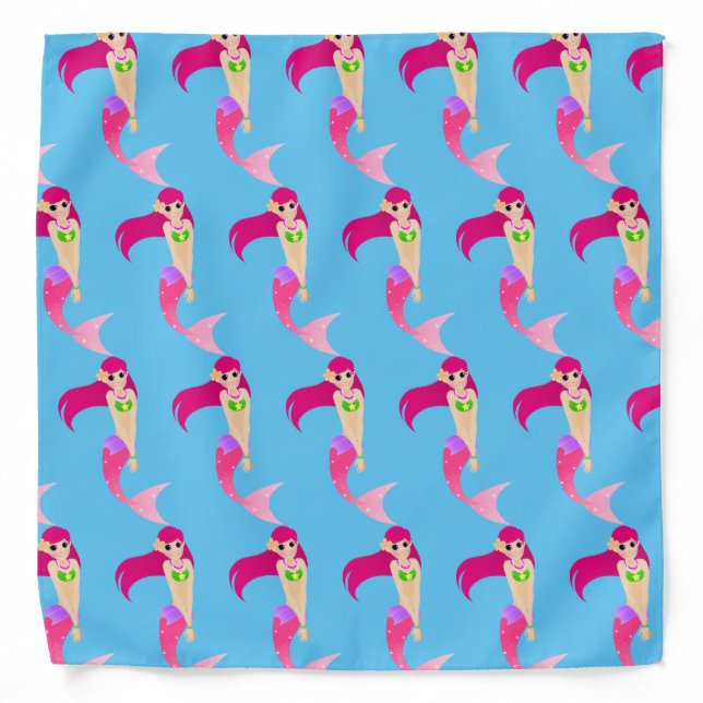 Cute Pink Mermaid Pattern on Blue Bandana (Front)