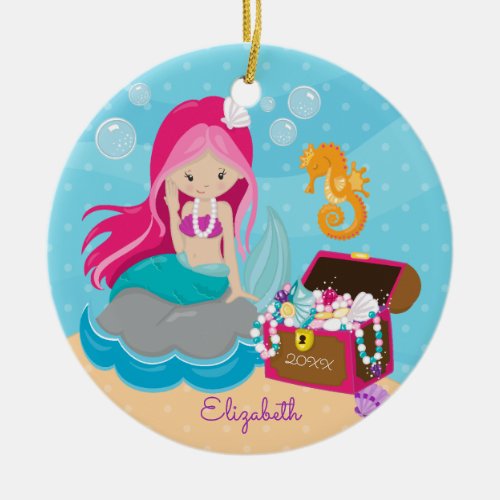 Cute Pink Mermaid Personalized Christmas Ornament