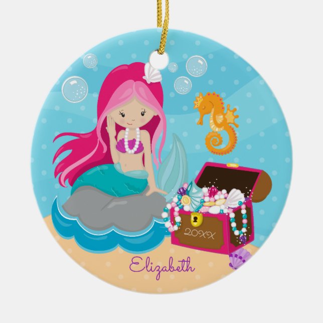 Cute Pink Mermaid Personalized Christmas Ornament (Front)