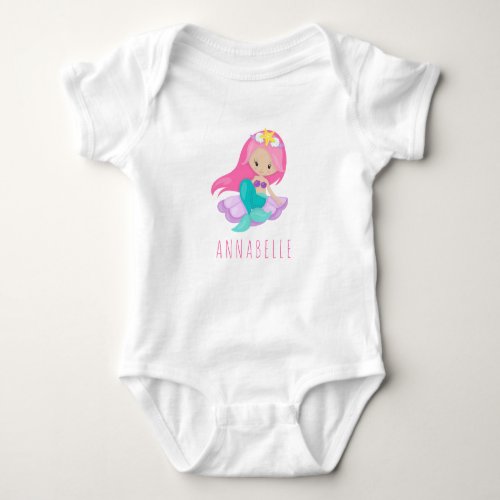 Cute Pink Mermaid Princess Girl Sitting Sea Shell Baby Bodysuit