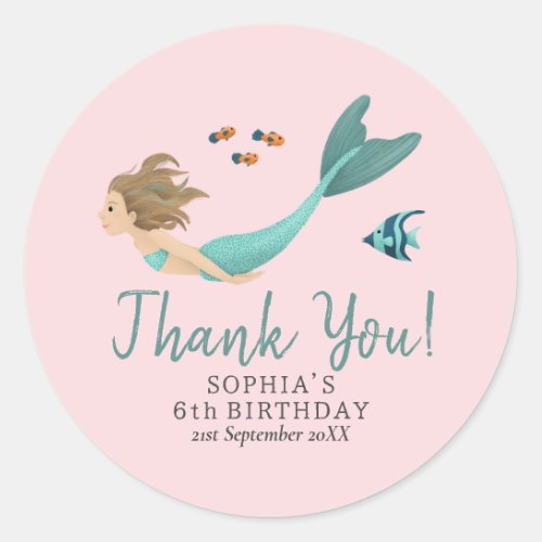 Cute Pink Mermaid Thank You Kids Birthday Classic Round Sticker