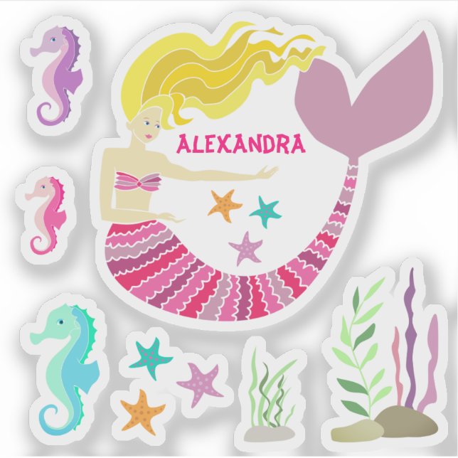 Cute Pink Mermaid Under The Sea Vinyl Sticker (Front)