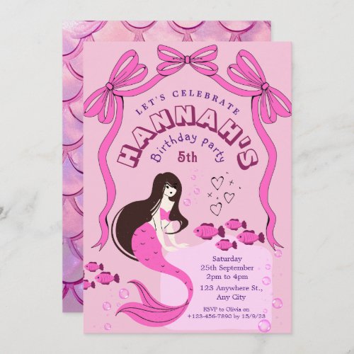 cute pink mermaid with black hair birthday party  invitation