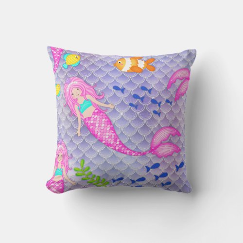 Cute Pink Mermaids Throw Pillow