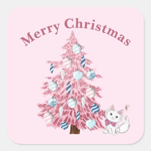 Cute Pink Merry Christmas Tree  Kitten Square Sticker