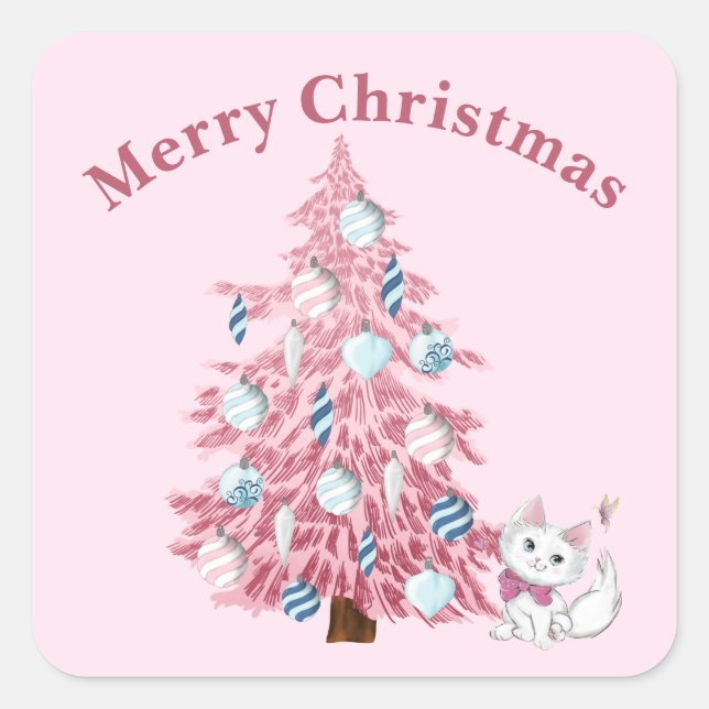 Cute Pink Merry Christmas Tree & Kitten Square Sticker (Front)