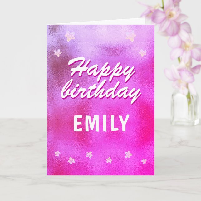 Cute Pink Metallic Foil Star Girly Birthday Card (Orchid)