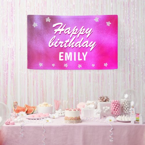 Cute Pink Metallic Star Girly Happy Birthday Banner