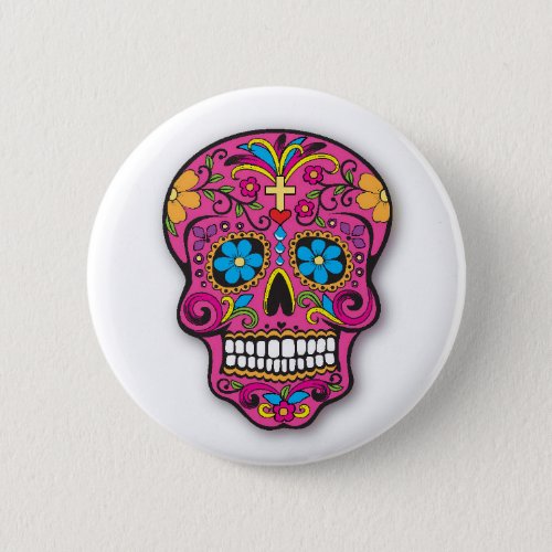 Cute Pink Mexican Sugar Skull Day of the Dead Button